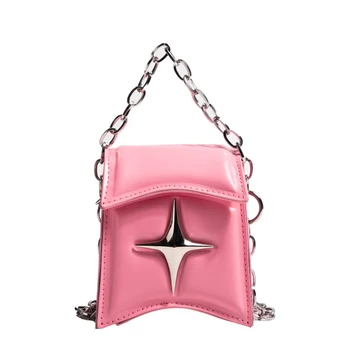 Y2K реколта корейски верига рамо чанта PU кожа дами съединител чантата готически звезда клапа crossbody чанта плътен цвят ключалката чанти