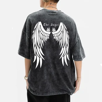 Y2k тъмно измита мъжка тениска с крила, фейт принт, мъжка марка с къс ръкав, свободна влязла, ретро затруднено лято