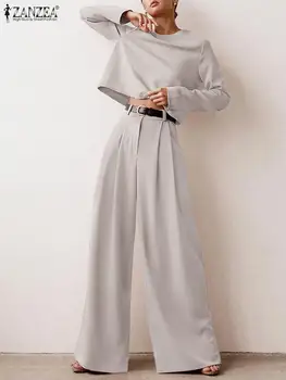 ZANZEA Есенна мода съвпадение комплекти жени елегантен плътен костюм 2PCS блуза с дълъг ръкав широк крак панталон реколта градски анцузи 2023