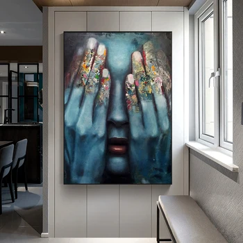 Абстрактно момиче покрива лицето си с ръце живопис стена арт картини нови модерни плакати и щампи за хол декорация на дома