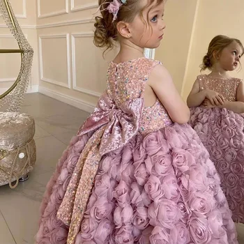 Апликации Елегантни сватбени рокли за момичета Бебешка дантелена принцеса рокля Рожден ден събитие рокля бебе момиче Коледа рожден ден Вестидо
