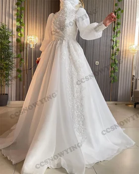 Апликации Мюсюлманска сватбена рокля за булка дълъг ръкав Арабска булчинска рокля с високо деколте Хиджаб роба De Soirée de Mariage