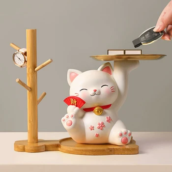 Бамбук съхранение рафт смола Maneki Neko Lucky Cat украшение висящи тава ключодържател куки за вход