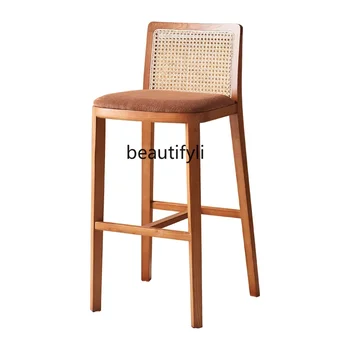 Бар стол от масивна дървесина Модерен прост дом ратан бар стол облегалка кафе бар мека чанта високо столче