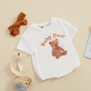 Бебе момиче гащеризон бебе мечка къс ръкав тениска гащеризон извънгабаритни crewneck боди с лента за глава комплект летни дрехи