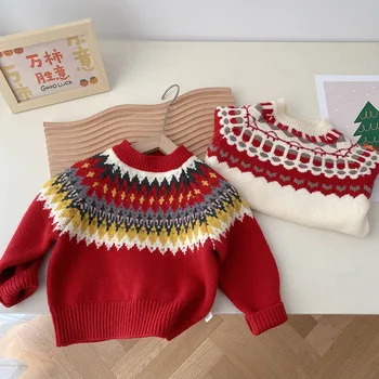 Бебе момчета момичета зима дебел жакард плета пуловер пуловер случайни дълъг ръкав топли детски коледни дрехи Честита Нова година