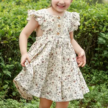 Бебешка рокля цветен печат A-line памучна дантела голяма Hemline парти сладка рокля за дома