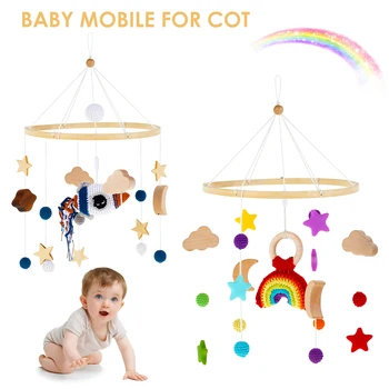 Бебешко музикално креватче Мобилен дървен висящ бебешки звънец с филцови топки Cloud Star Wood плетени на една кука мобилни новородени играчки легло