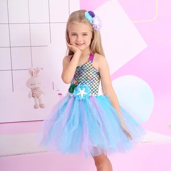 Блестяща малка русалка рокля Детски момичета Рокля на Туту Костюм за Хелоуин Принцеса Рожден ден Конкурс Летни плажни рокли от тюл