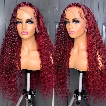 Бургундски къдрава човешка коса перуки за бразилски жени 13X4 HD дантела фронтална перука човешка коса дълбока вълна 99J червен цвят предварително оскубани 30