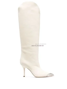 Бяла кожа V дизайн ботуши метални пръсти високо шило петата заострени пръсти жените коляното високи ботуши гладиатор токчета дълго обувка