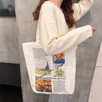 Ван Гог Моне печат жени голяма пазарска чанта прости околната среда рамо купувач чанта момичета цип миене платно чанта Bolsas
