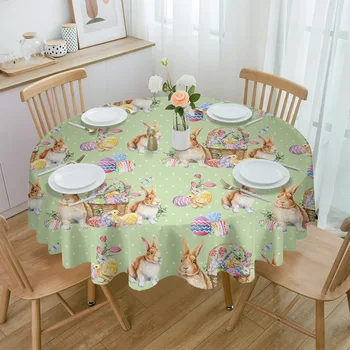 Великденски заек яйце зелено полка точки кръгла маса кърпа водоустойчив сватба празник покривка кафе маса декор маса покритие