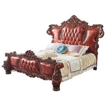Вила Луксозно класическо кожено легло, горен слой от масивно дърво, жълто легло тип Кинг, мебели за спалня