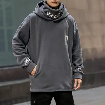 Висока яка качулка хип-хоп бродирани хлабав суитчър Harajuku млади случайни анцуг мъжки дрехи извънгабаритни сива врана пуловер