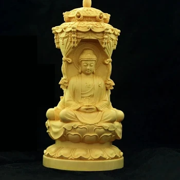 Висококачествена масивна дървесина Западна три свещена скулптура на Буда Гуанин Бодхисатва Ръчно издълбан домашен фън шуй декор