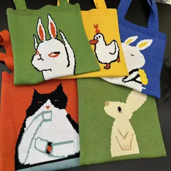 Вълна тъкани голяма пазарска чанта голям капацитет пазарска чанта японски сладък котка заек смешно карикатура животни дамска чанта чанта портмонета