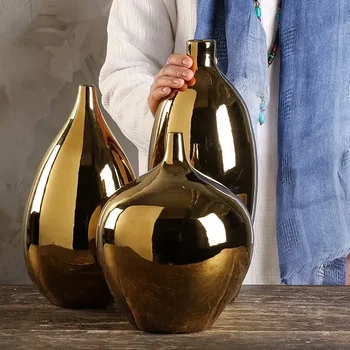 Голяма златнокерамична ваза в европейски стил проста модерна декорация за хол Dracaena sanderiana