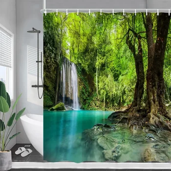 Горски водопад Душ завеси Пролетни зелени дървета Природа Пейзаж Баня Завеса Градинска стена Висяща баня Декор с куки