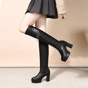 Дамска мода дебели дълги ботуши зима нови дишащи високи токчета еластични обувки елегантен секси безплатна доставка Готика Сапатос Mujer