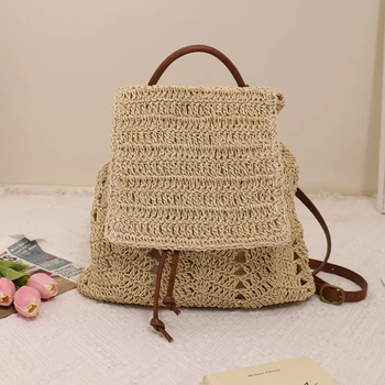 Дамска сламена раница лятна бохо бохемска куха чанта за рамо Hobo плетене на една кука тъкани пътни чанти за жени плетени плаж обратно пакет