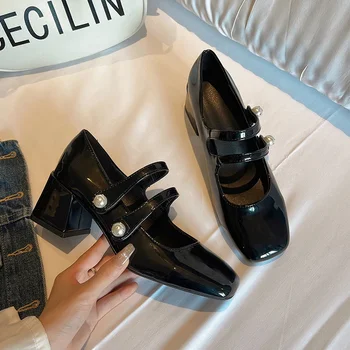 Дамски елегантни помпи Квадратни обувки за пръсти Дамски нови квадратни високи токчета Булчински обувки мокасини ретро Мери Джейн Дамски обувки Tacones