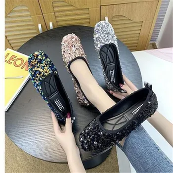 Дамски обувки нови пролетни и есенни обувки плитка уста комплект плоски обувки дамски бобени обувки дамски пайети единична обувка жена