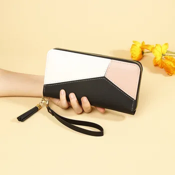 Дамски пачуърк портфейл Розови дамски портфейли Дълъг корейски стил контрастен цветен панел Zip Tassled мобилен телефон съединител чанта