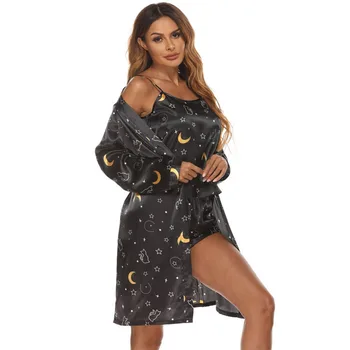 Дамски пижами комплект халат домашен костюм спално облекло 3Pieces сатенена пижама листа печат халат комплекти летни копринени халати + Cami + шорти костюми