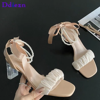 Дамски помпи Квадратни пръсти женски обувки високи токчета 2023 лятна мода катарама каишка дамски сандали дизайнер перла прашки слайдове