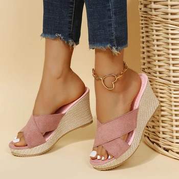 Дамски чехли Дамски ежедневни платформа клинове сандали мода отворени пръсти слама плитка Рим сандали размер 35-40 жени плажни сандали