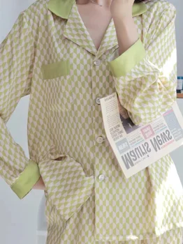 Дамско петно пижама ромбична решетка две части комплект дълъг ръкав лап бутон жилетка широк крак панталони пижами за жени Pjs