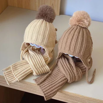 Детска шапка Шал Бебешки комплект от две части Топла есен и зима Момчета и момичета Бебешка плетена шапка Зима