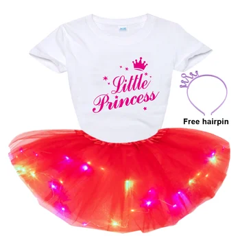 Детски бебешки момичета дрехи комплекти 2024 лято момиче LED тениска с къс ръкав + рокля + фиба 3бр комплекти детски дрехи рокля костюм