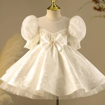 Детски бутик принцеса вечерна рокля лък перли бутер ръкав дизайн сватба рожден ден кръщение парти момичета Коледна рокля A3270