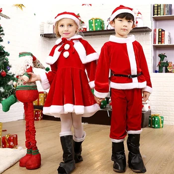 Детски детски коледен косплей Дядо Коледа костюм бебе X-Mas облекло 3/4 парче комплект рокля / панталони + върхове + шапка + наметало + колан за момчета момичета