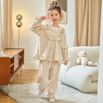 Детски домашен комплект 2023 Есен Нова дамска дантелена пижама Комплект от две части Детски дом Детски дрехи