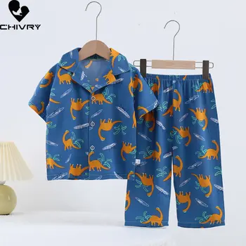 Детски летни тънки пижами комплекти нови 2023 момчета момичета карикатура къс ръкав ревера риза върховете с панталони бебе момче спално облекло Домашно облекло