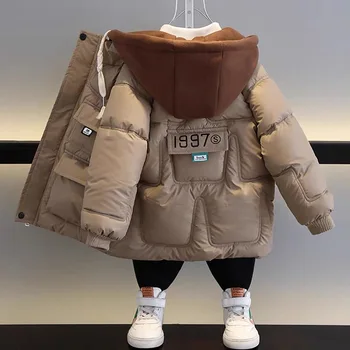 Детски памучни дрехи Зимни подплатени удебелени нови момчешки модни якета с качулка Бебешко домашно облекло 2-15Y