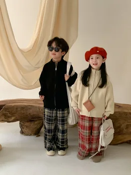 Детски пуловер Зимна корейска версия на момчета и момичета обикновен малък Sliver дълъг ръкав стендъп яка цип жилетка пуловер