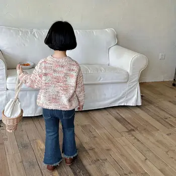 Детски пуловер Корейски стилове момичета 2023 пролет есен нова мода колоритен пуловер случайни прости принцеса сладък хлабав връх