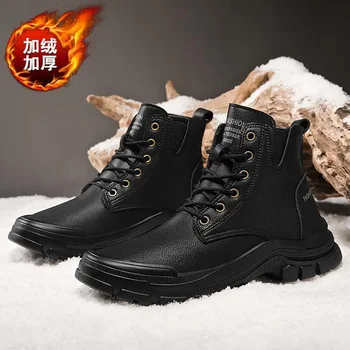 Др.  Мъжки обувки зимни високи топ британски стил черни кожени обувки памук подплатени обувки с кадифе американски реколта