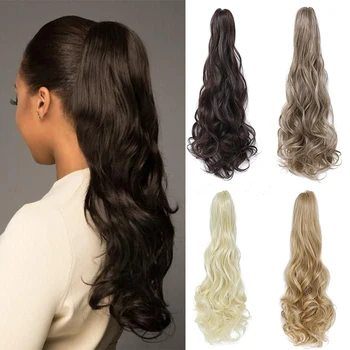 Дълга вълна къдрава конска опашка коса разширение кафяв синтетичен фалшива коса конска опашка за жени ежедневна употреба естествен вълнообразна коса конска опашка
