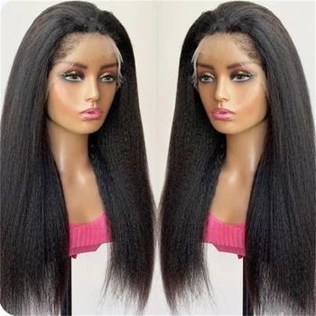 Дълга извратена права средна част 26 инча 180Density Preplucked Glueless Natural Black Lace Front Wig For Women BabyHair Daily