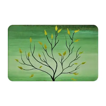 Дърво на живота , Златно листно дърво в зелено , Живопис акрилна живопис , Младо есенно дърво Врата Мат Подложка за крака Начало Килим Акрил
