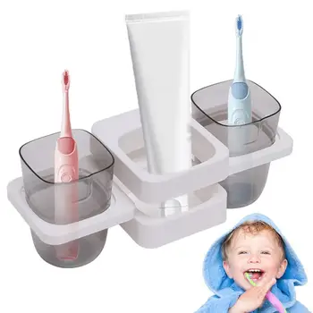 Държачи за четки за зъби за бани Стенен държач за четка за зъби с две чаши за миене на зъби Punch Безплатно съхранение Rack Баня