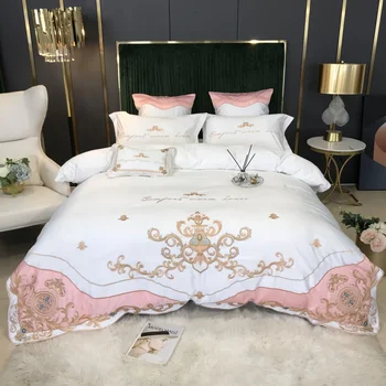 Европейски стил спално бельо комплект луксозно злато кралска бродерия сатен двойна пухени покритие сатен памук чаршафи и калъфки легло комплект