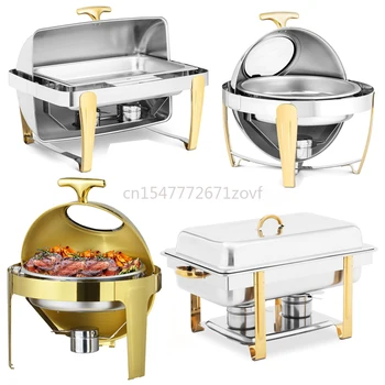 Евтино кухненско оборудване от неръждаема стомана Hot Pot Roll Top Gold Chafing Dish Buffet Set 4 x 1-1 chafers
