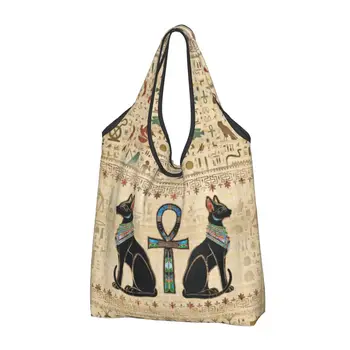 Египетски котки и Анкх кръст хранителни стоки мъкна пазарски чанти жени сладък древен Египет купувач рамо чанта голям капацитет чанти
