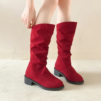 Есен Зима Дамски обувки Mid Calf ботуши Топли плюшени дамски обувки ретро приплъзване на платформа нисък ток рицар дълго участък ботуши